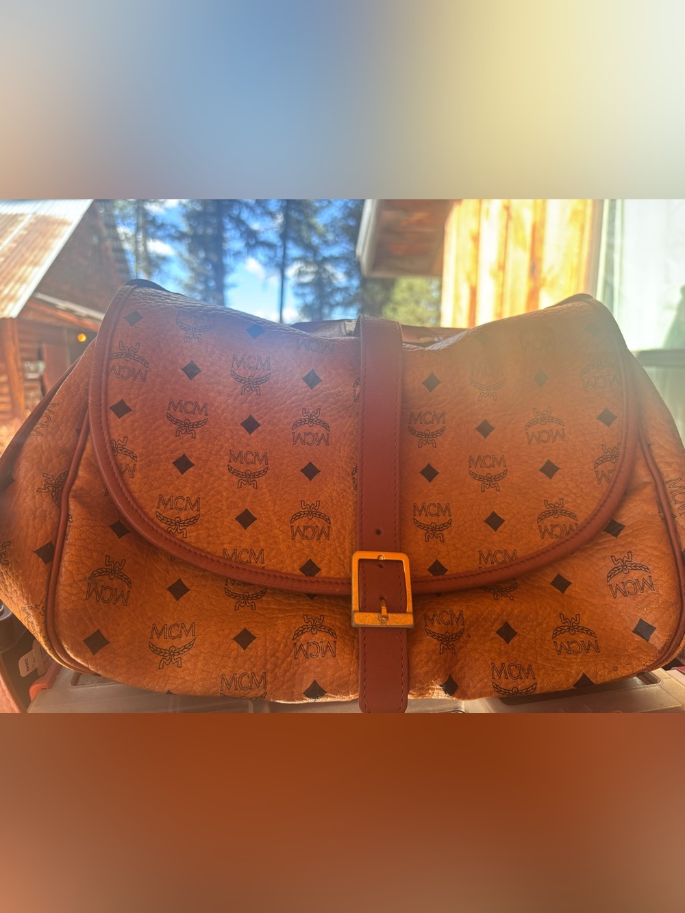 MCM Cognac Brown Visetos Logo Messenger Bag